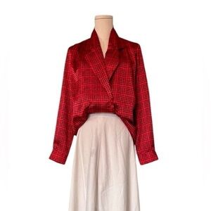 Oscar De La Renta VTG Button Front Blazer Blouse Satin Feel Red Black Sz 6 EUC